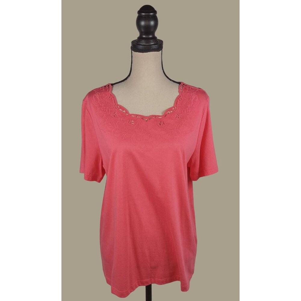CJ Banks Scalloped Neck Short Sleeve Coral Cotton and Modal Top Size 14W NWT